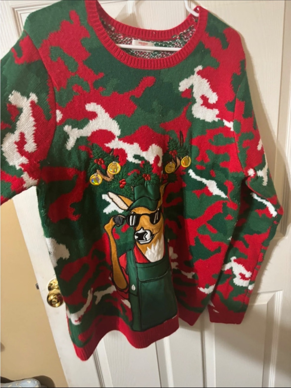 Holiday Time Green & Red Reindeer Graphic Crewneck Sweater